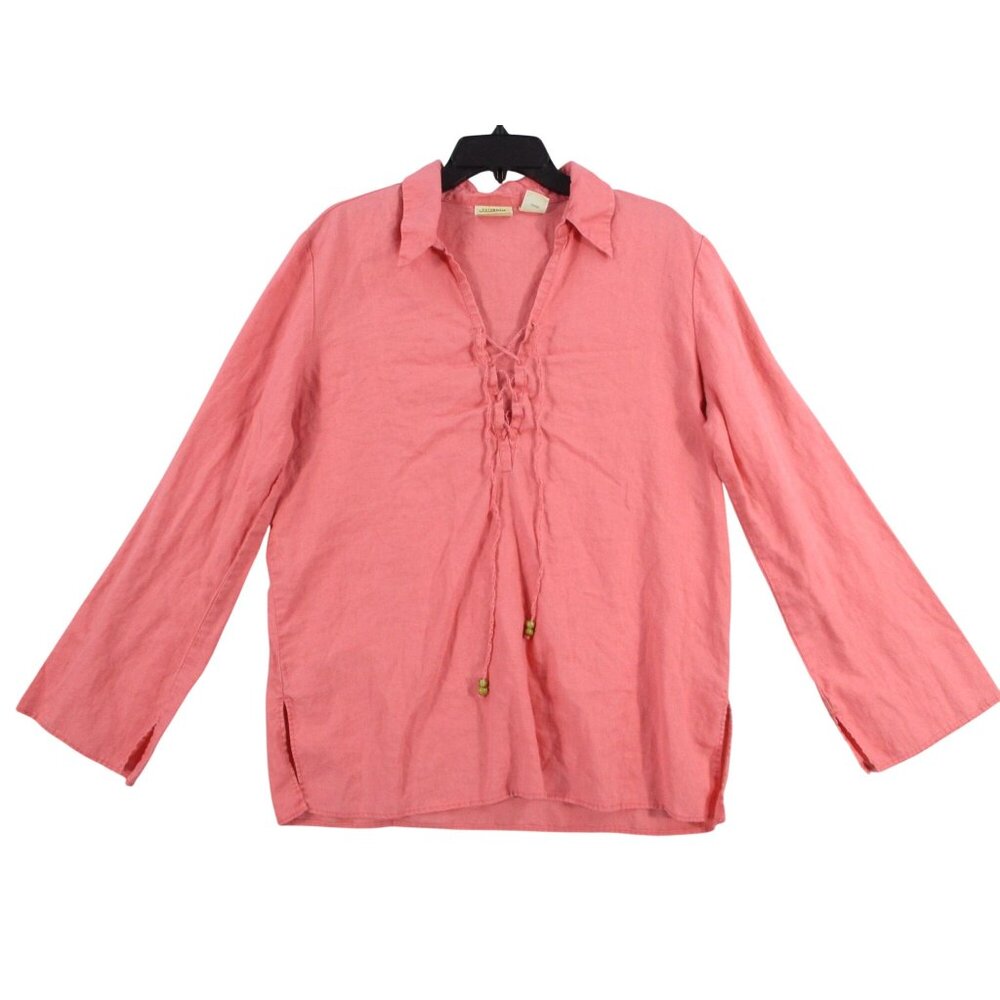 St. Johns Bay BOHO Womens Pink‎ 100% Linen Long Sleeve Lace-Up Blouse Size L